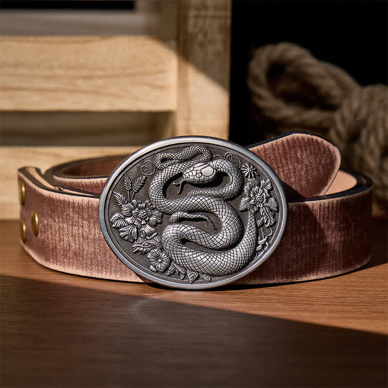 Dunkler ästhetischer Ledergürtel mit floraler Schlangenmotiv-DIY-Schnalle - Silber - Brauner, abgenutzter Gürtel - 42 - image 4