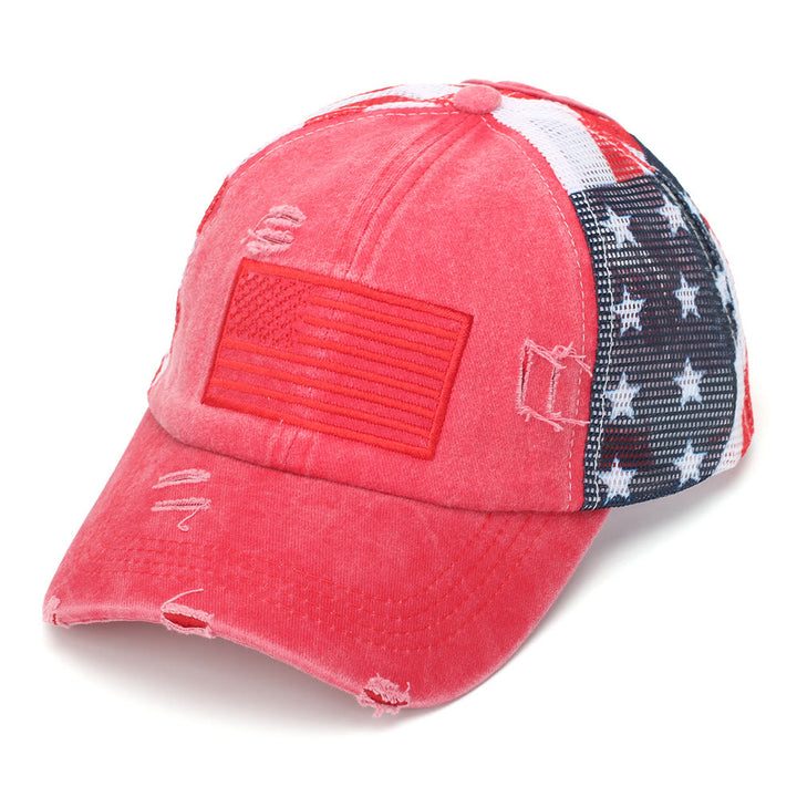 Verstellbarer Pferdeschwanz, atmungsaktive, gewaschene Denim-Baseballkappe im taktischen Stil - Rot - Verstellbar (22 7/8"-24 1/2") - image 1