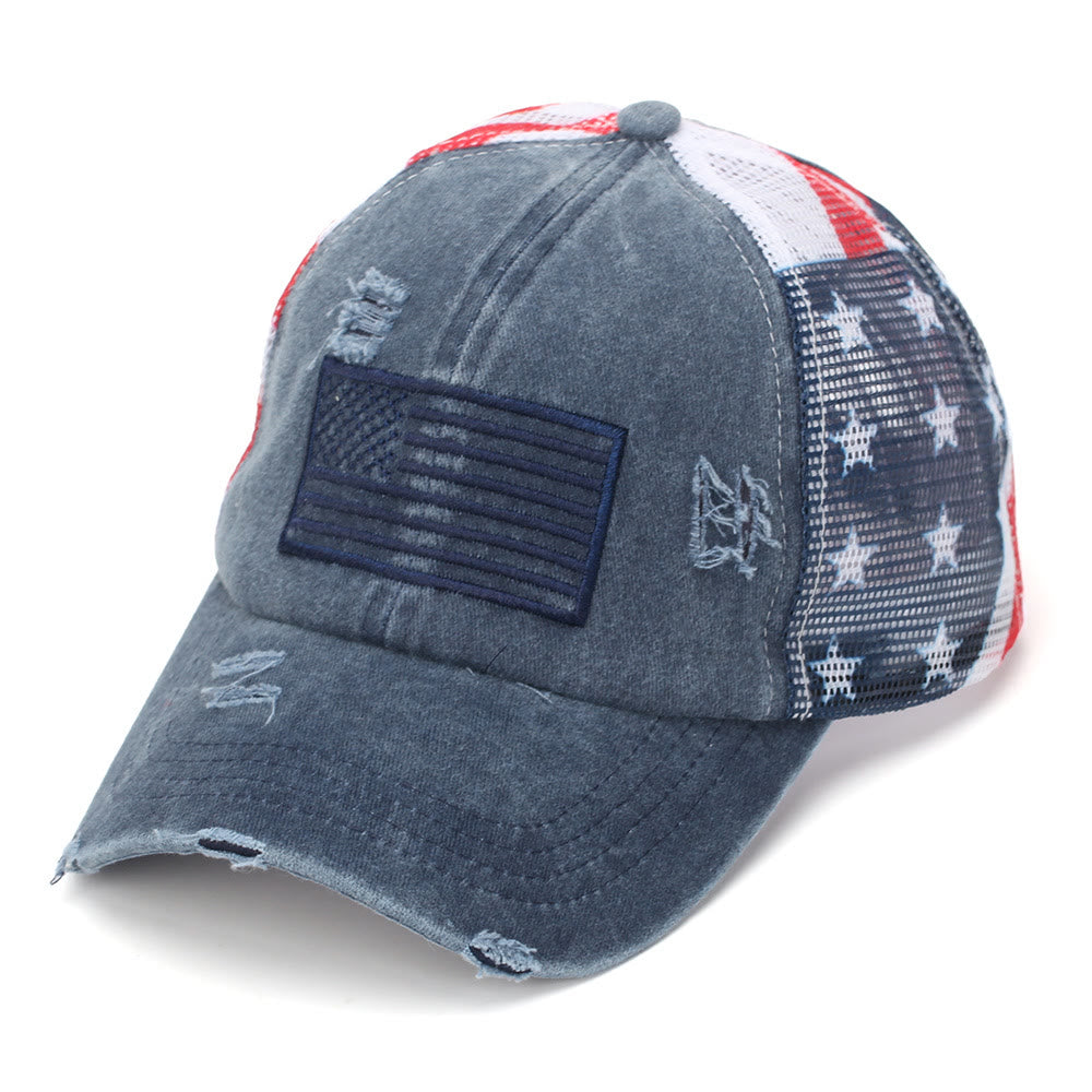 Verstellbarer Pferdeschwanz, atmungsaktive, gewaschene Denim-Baseballkappe im taktischen Stil - Blau - Verstellbar (22 7/8"-24 1/2") - image 0