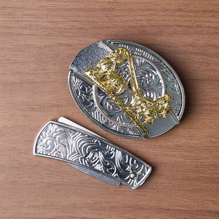 Western-Pferdekutsche DIY Verstecktes Klappmesser Goldschnalle Ledergürtel - image 10