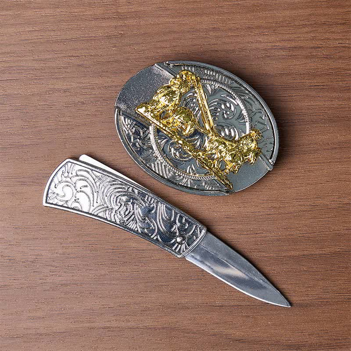 Western-Pferdekutsche DIY Verstecktes Klappmesser Goldschnalle Ledergürtel - image 1