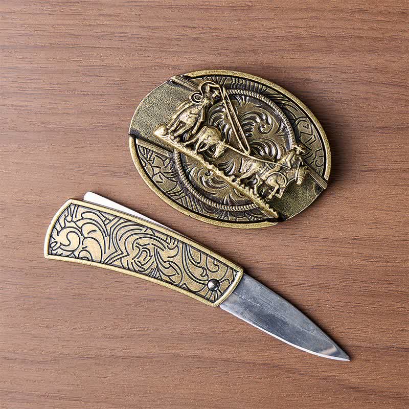 Bronzener Pferdekutschen-DIY-Verstecktes Klappmesser Western-Schnalle Ledergürtel - image 1