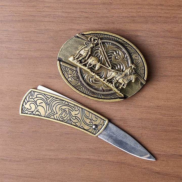 Bronzener Pferdekutschen-DIY-Verstecktes Klappmesser Western-Schnalle Ledergürtel - image 1