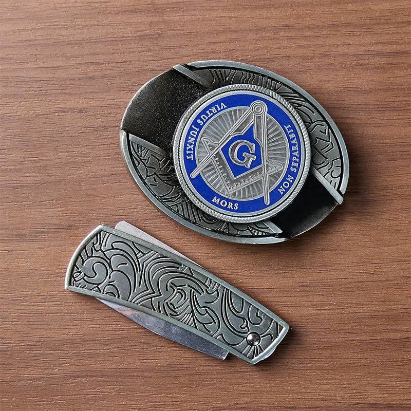 Blaues Emaille-Freimaurersymbol, DIY-Versteckte Klappmesserschnalle, Ledergürtel - image 10