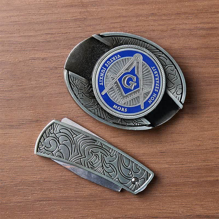 Blaues Emaille-Freimaurersymbol, DIY-Versteckte Klappmesserschnalle, Ledergürtel - image 10