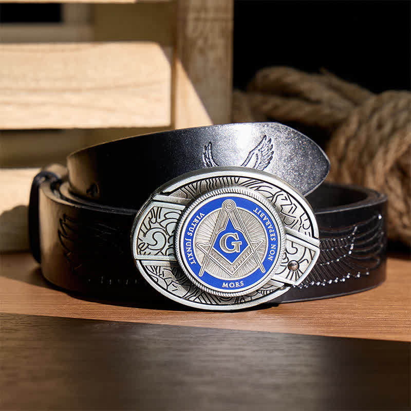Blaues Emaille-Freimaurersymbol, DIY-Versteckte Klappmesserschnalle, Ledergürtel - Blau - Schwarzer Gürtel mit Adlerprägung - 42 - image 2