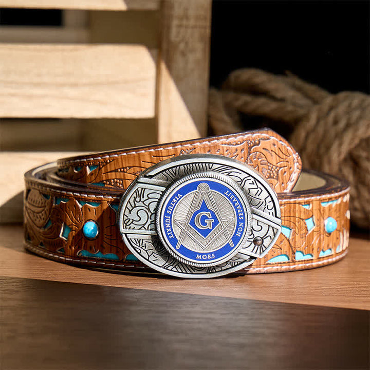 Blaues Emaille-Freimaurersymbol, DIY-Versteckte Klappmesserschnalle, Ledergürtel - Blau - Türkisfarbener, geschnitzter Gürtel - 42 - image 3