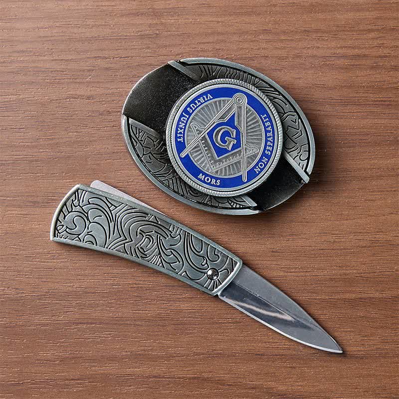 Blaues Emaille-Freimaurersymbol, DIY-Versteckte Klappmesserschnalle, Ledergürtel - image 1