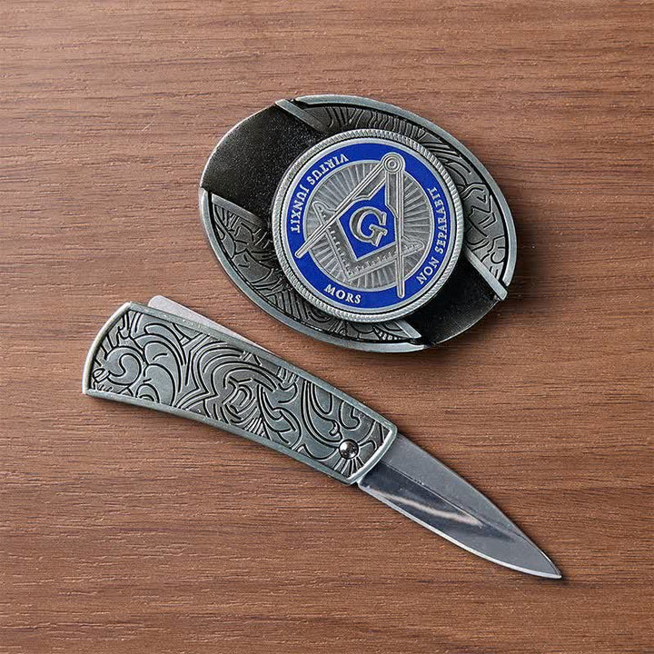 Blaues Emaille-Freimaurersymbol, DIY-Versteckte Klappmesserschnalle, Ledergürtel - image 1