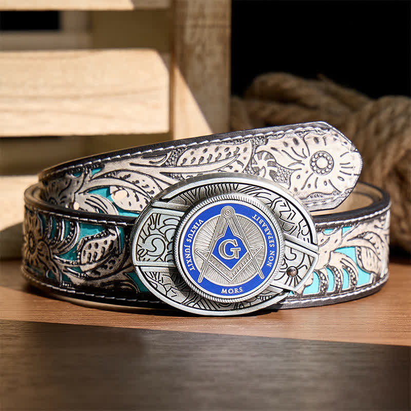 Blaues Emaille-Freimaurersymbol, DIY-Versteckte Klappmesserschnalle, Ledergürtel - Blau - Grauer Gürtel mit Blumenmuster - 42 - image 8