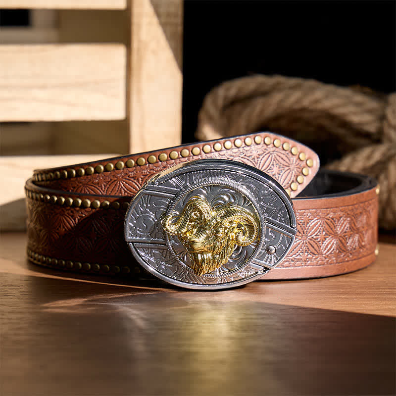 Silberner und goldener Gürtel mit Widderkopf-Motiv, DIY-Versteckmesserschnalle - Widderschädel - Brauner Nietgürtel - 42 - image 4