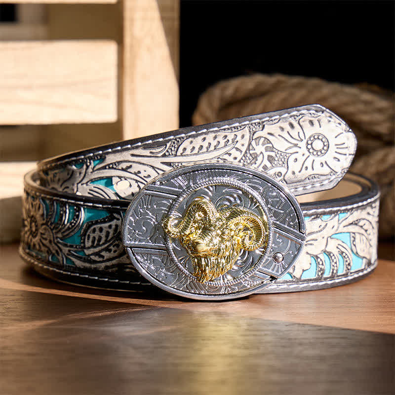 Silberner und goldener Gürtel mit Widderkopf-Motiv, DIY-Versteckmesserschnalle - Widderschädel - Grauer Gürtel mit Blumenmuster - 42 - image 8