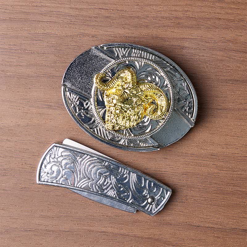 Silberner und goldener Gürtel mit Widderkopf-Motiv, DIY-Versteckmesserschnalle - image 10