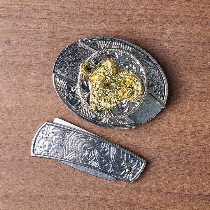 Silberner und goldener Gürtel mit Widderkopf-Motiv, DIY-Versteckmesserschnalle - image 10