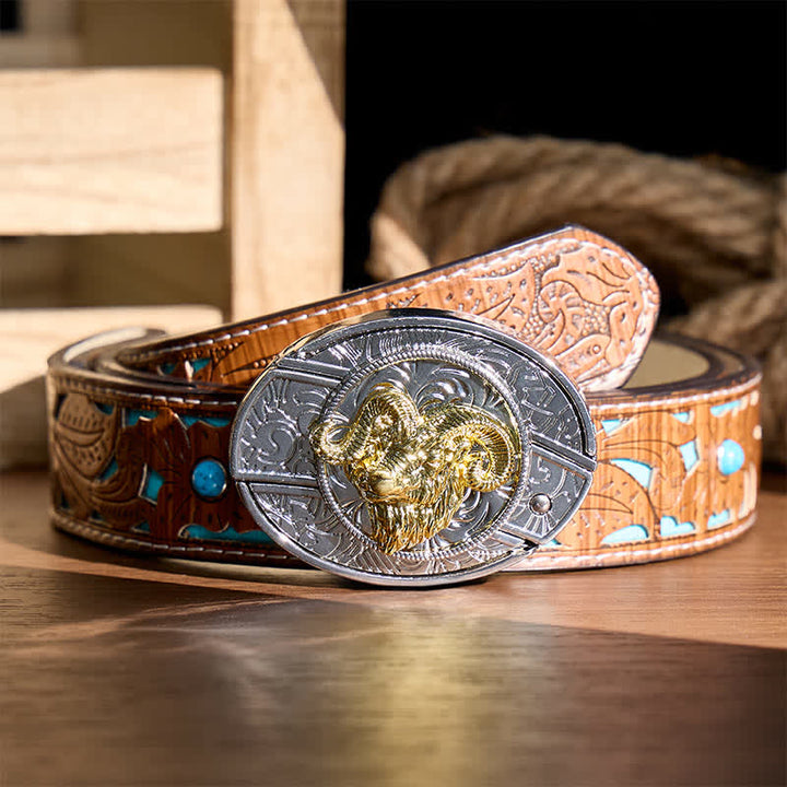 Silberner und goldener Gürtel mit Widderkopf-Motiv, DIY-Versteckmesserschnalle - Widderschädel - Türkisfarbener, geschnitzter Gürtel - 42 - image 3
