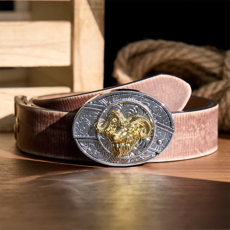 Silberner und goldener Gürtel mit Widderkopf-Motiv, DIY-Versteckmesserschnalle - Widderschädel - Brauner, abgenutzter Gürtel - 42 - image 5