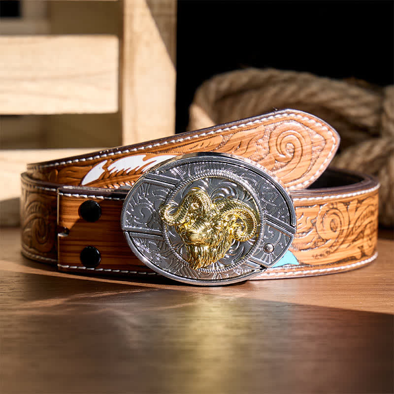 Silberner und goldener Gürtel mit Widderkopf-Motiv, DIY-Versteckmesserschnalle - Widderschädel - Brauner Federgürtel - 40 - image 7