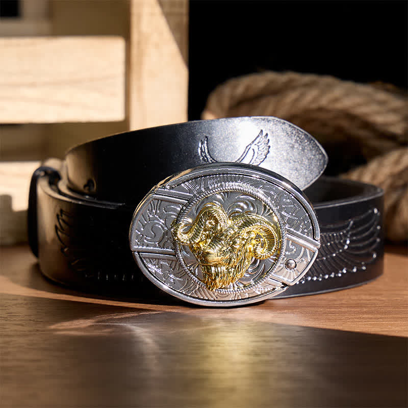 Silberner und goldener Gürtel mit Widderkopf-Motiv, DIY-Versteckmesserschnalle - Widderschädel - Schwarzer Gürtel mit Adlerprägung - 42 - image 2