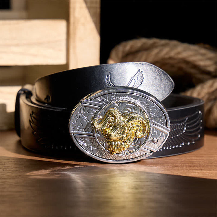 Silberner und goldener Gürtel mit Widderkopf-Motiv, DIY-Versteckmesserschnalle - Widderschädel - Schwarzer Gürtel mit Adlerprägung - 42 - image 2