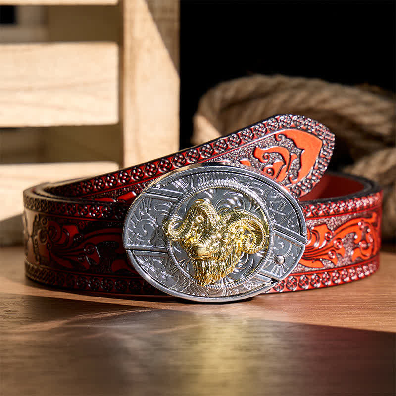 Silberner und goldener Gürtel mit Widderkopf-Motiv, DIY-Versteckmesserschnalle - Widderschädel - Brauner geschnitzter Gürtel - 42 - image 6