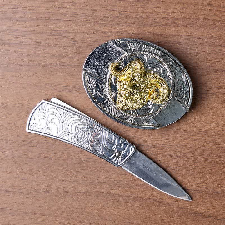 Silberner und goldener Gürtel mit Widderkopf-Motiv, DIY-Versteckmesserschnalle - image 1