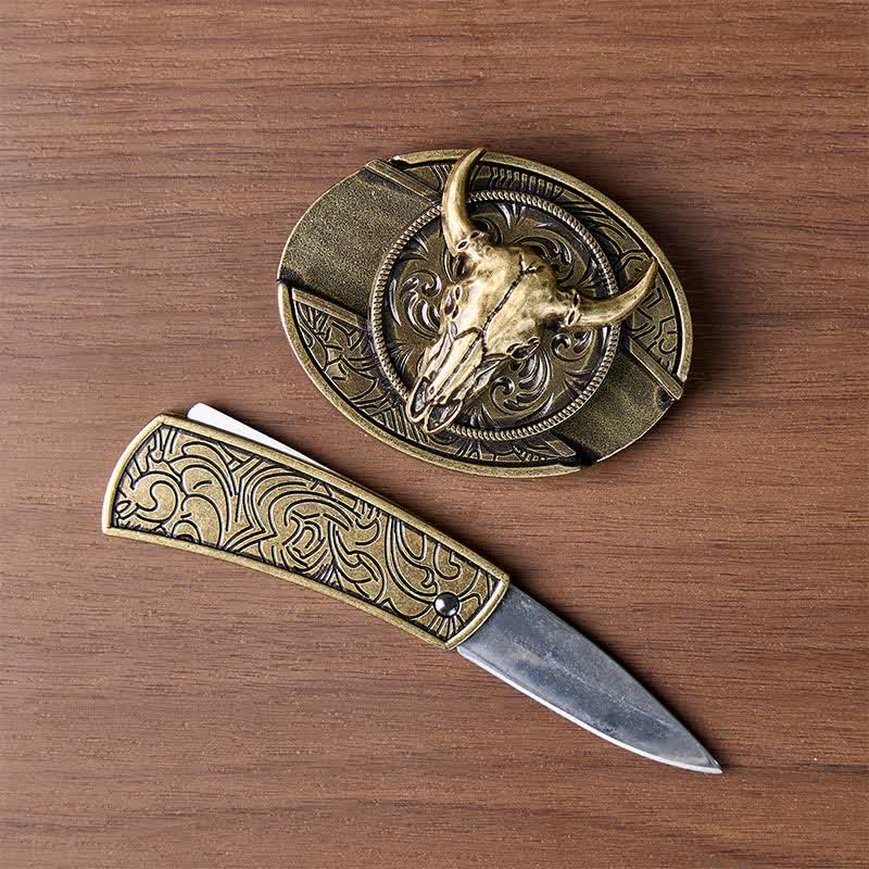 Longhorn-Schädel DIY Verstecktes Klappmesser Antikbronze-Schnalle Ledergürtel - image 1