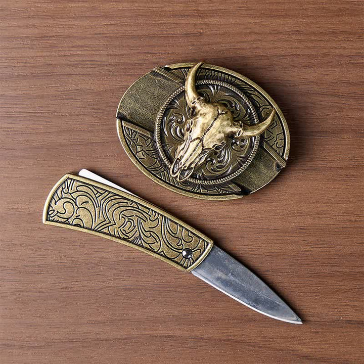Longhorn-Schädel DIY Verstecktes Klappmesser Antikbronze-Schnalle Ledergürtel - image 1