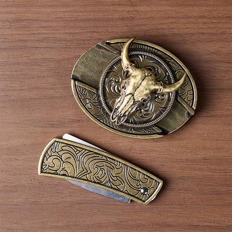 Longhorn-Schädel DIY Verstecktes Klappmesser Antikbronze-Schnalle Ledergürtel - image 9