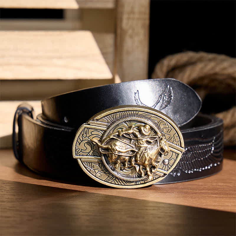 Cowboy-Roping-Steer-DIY-Verstecktes Klappmesser mit Bronzeschnalle und Ledergürtel - Cowboy fängt Rind mit dem Lasso - Schwarzer Gürtel mit Adlerprägung - 42 - image 2