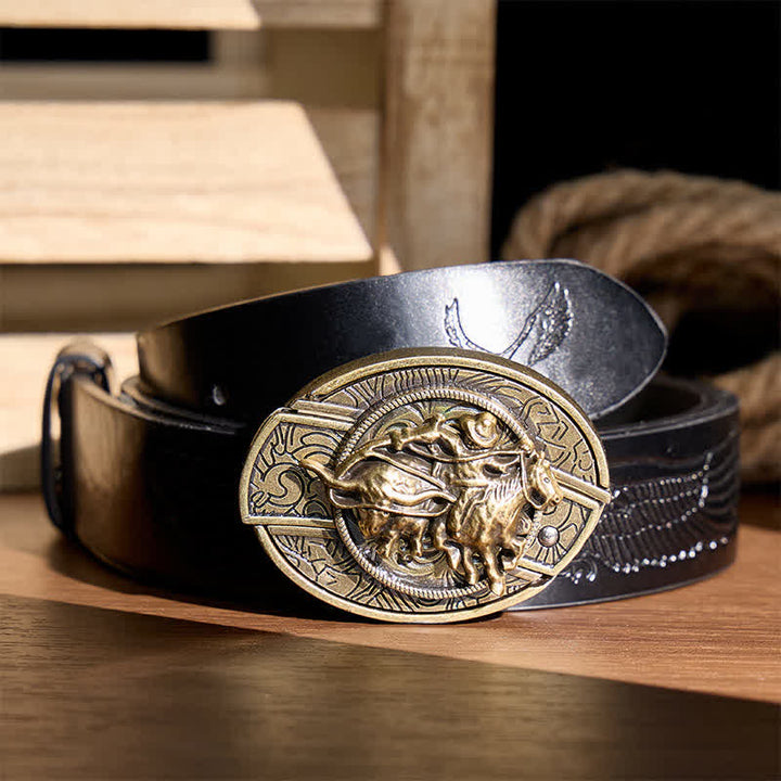 Cowboy-Roping-Steer-DIY-Verstecktes Klappmesser mit Bronzeschnalle und Ledergürtel - Cowboy fängt Rind mit dem Lasso - Schwarzer Gürtel mit Adlerprägung - 42 - image 2