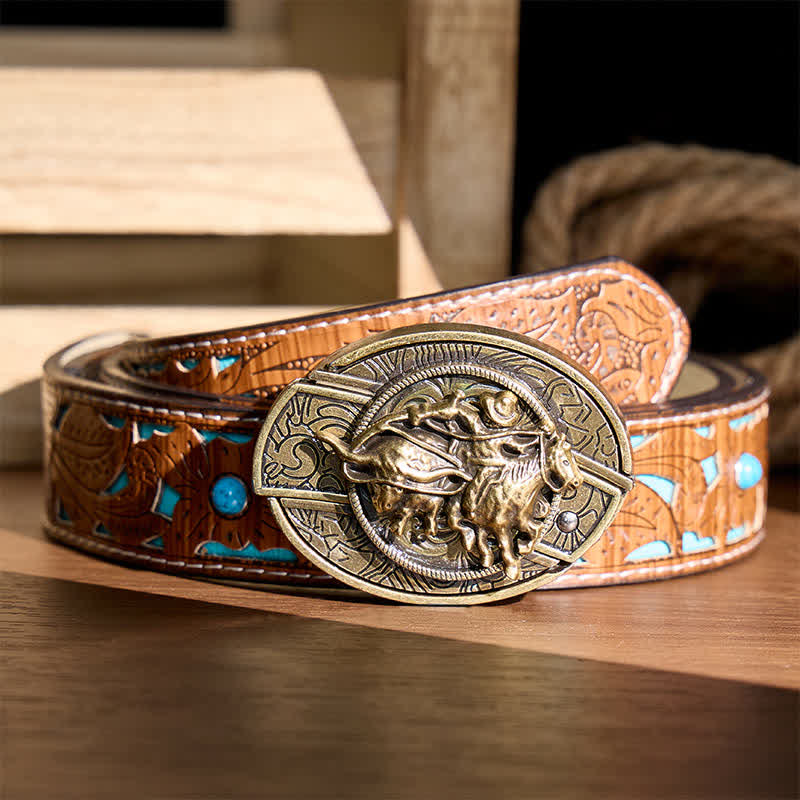 Cowboy-Roping-Steer-DIY-Verstecktes Klappmesser mit Bronzeschnalle und Ledergürtel - Cowboy fängt Rind mit dem Lasso - Türkisfarbener, geschnitzter Gürtel - 42 - image 3
