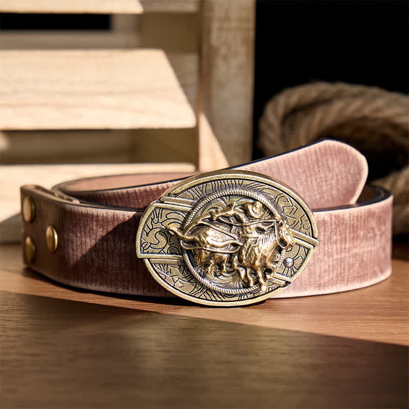 Cowboy-Roping-Steer-DIY-Verstecktes Klappmesser mit Bronzeschnalle und Ledergürtel - Cowboy fängt Rind mit dem Lasso - Brauner, abgenutzter Gürtel - 42 - image 5