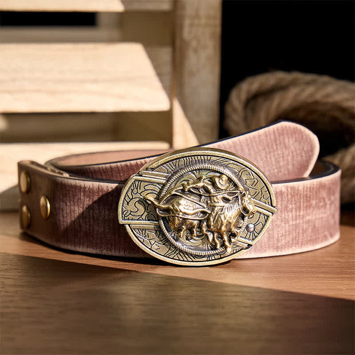 Cowboy-Roping-Steer-DIY-Verstecktes Klappmesser mit Bronzeschnalle und Ledergürtel - Cowboy fängt Rind mit dem Lasso - Brauner, abgenutzter Gürtel - 42 - image 5