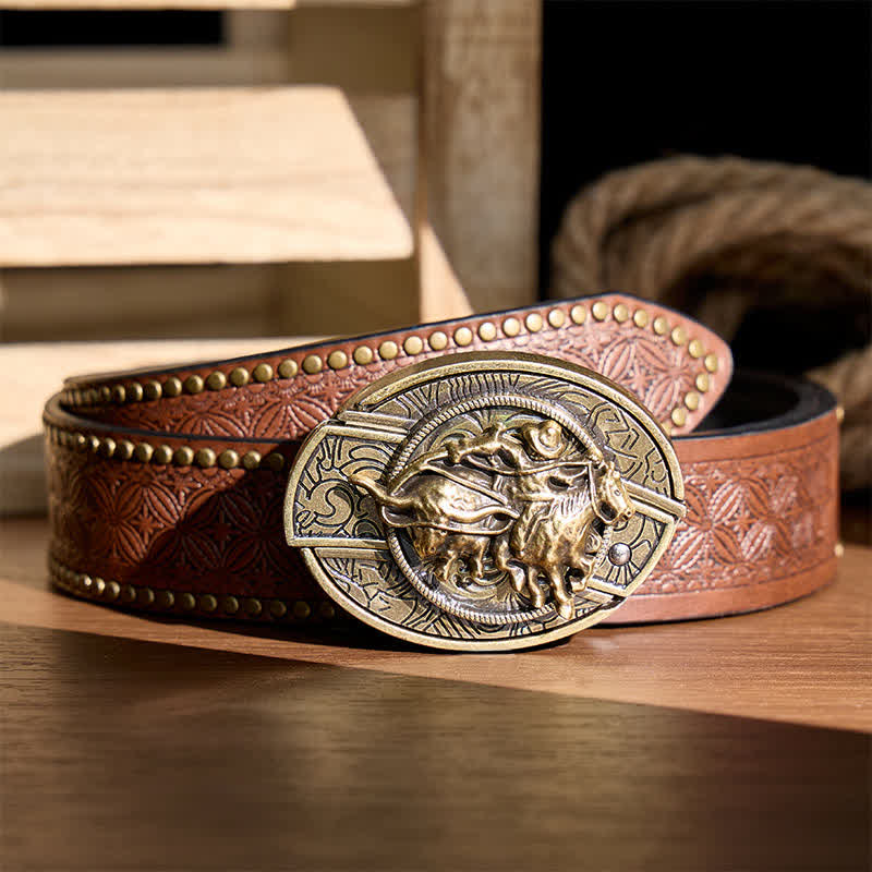 Cowboy-Roping-Steer-DIY-Verstecktes Klappmesser mit Bronzeschnalle und Ledergürtel - Cowboy fängt Rind mit dem Lasso - Brauner Nietgürtel - 42 - image 4