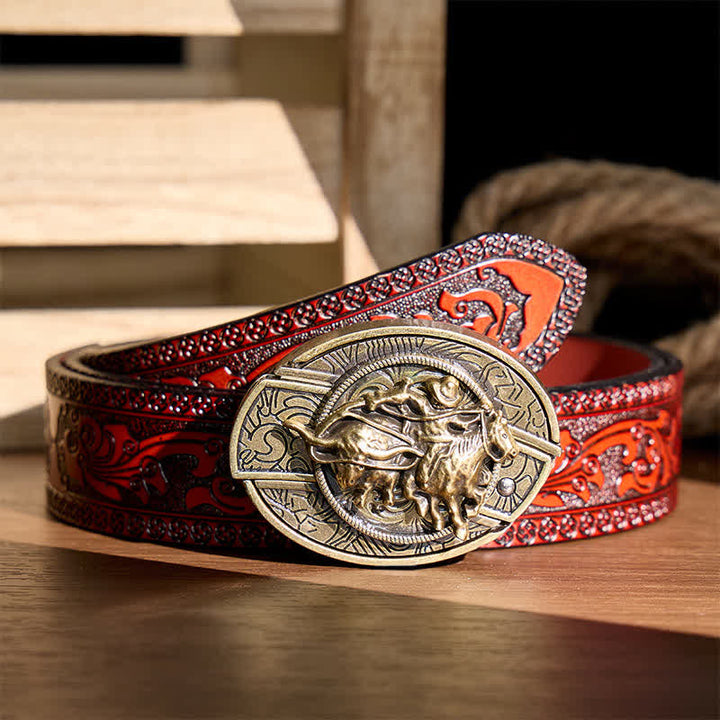 Cowboy-Roping-Steer-DIY-Verstecktes Klappmesser mit Bronzeschnalle und Ledergürtel - Cowboy fängt Rind mit dem Lasso - Brauner geschnitzter Gürtel - 42 - image 6