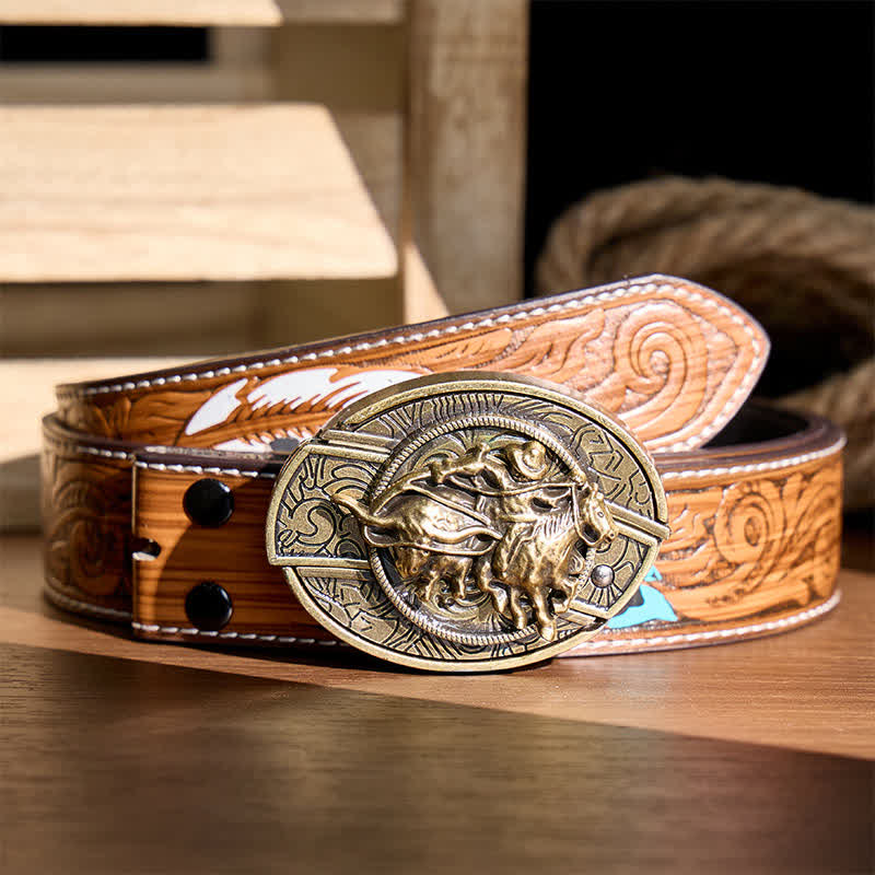 Cowboy-Roping-Steer-DIY-Verstecktes Klappmesser mit Bronzeschnalle und Ledergürtel - Cowboy fängt Rind mit dem Lasso - Brauner Federgürtel - 40 - image 7