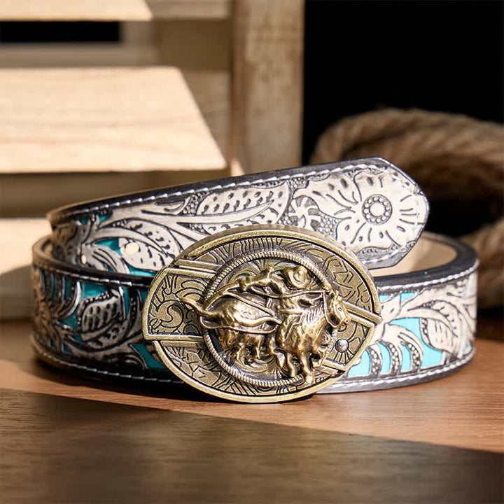 Cowboy-Roping-Steer-DIY-Verstecktes Klappmesser mit Bronzeschnalle und Ledergürtel - Cowboy fängt Rind mit dem Lasso - Grauer Gürtel mit Blumenmuster - 42 - image 8