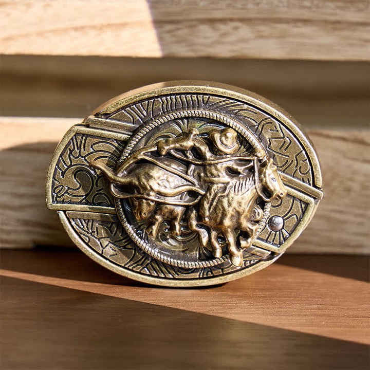 Cowboy-Roping-Steer-DIY-Verstecktes Klappmesser mit Bronzeschnalle und Ledergürtel - Cowboy fängt Rind mit dem Lasso - Ohne Gürtel - Nicht im Lieferumfang enthalten: Gürtel - image 0