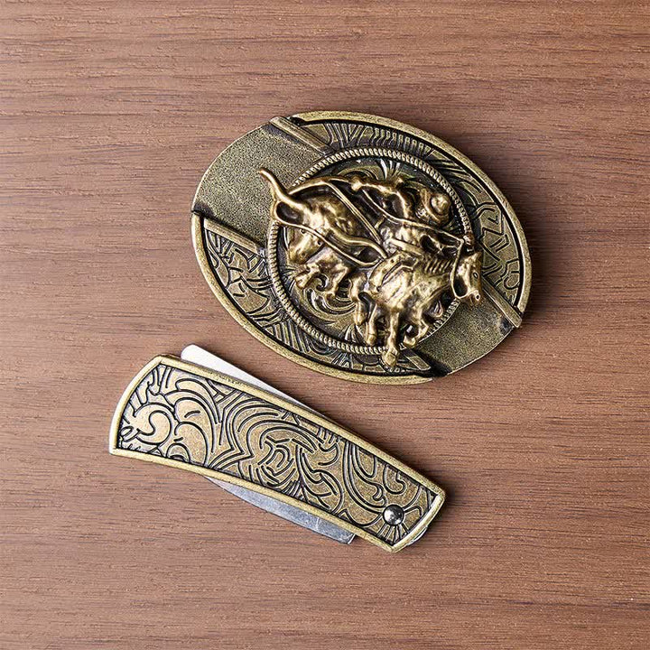 Cowboy-Roping-Steer-DIY-Verstecktes Klappmesser mit Bronzeschnalle und Ledergürtel - image 10