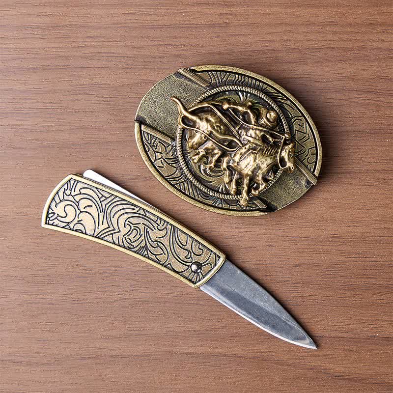 Cowboy-Roping-Steer-DIY-Verstecktes Klappmesser mit Bronzeschnalle und Ledergürtel - image 1