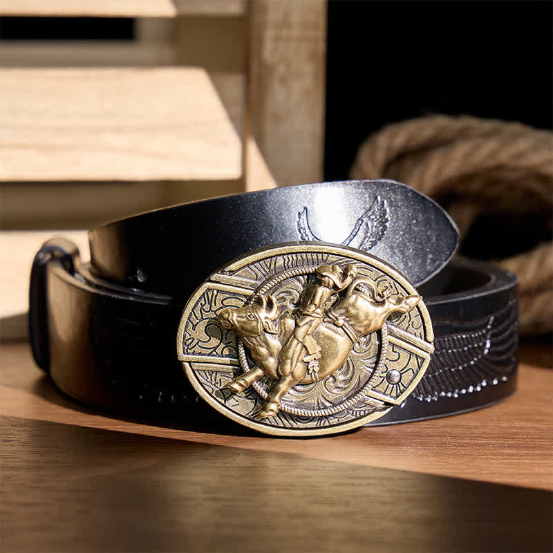Antikbronze Bullenreiter DIY Verstecktes Klappmesser Schnalle Ledergürtel - Bullenreiter - Schwarzer Gürtel mit Adlerprägung - 42 - image 2