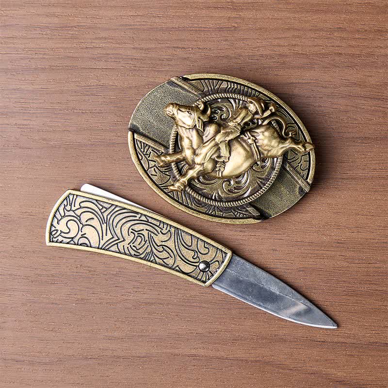 Antikbronze Bullenreiter DIY Verstecktes Klappmesser Schnalle Ledergürtel - image 1