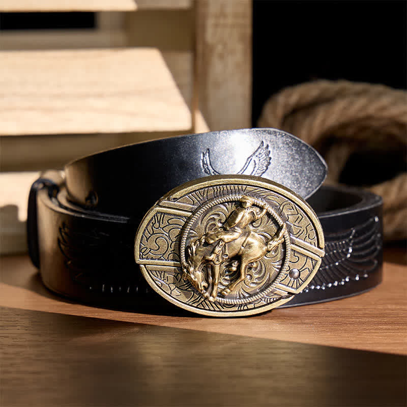 Western Rodeo Bronco Rider DIY Verstecktes Klappmesser Bronzeschnalle Ledergürtel - Rodeo-Bronco-Reiter - Schwarzer Gürtel mit Adlerprägung - 42 - image 2