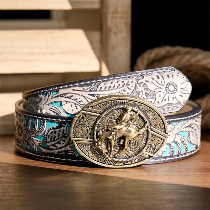 Western Rodeo Bronco Rider DIY Verstecktes Klappmesser Bronzeschnalle Ledergürtel - Rodeo-Bronco-Reiter - Grauer Gürtel mit Blumenmuster - 42 - image 8