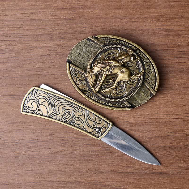 Western Rodeo Bronco Rider DIY Verstecktes Klappmesser Bronzeschnalle Ledergürtel - image 1