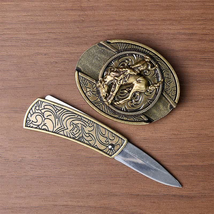 Western Rodeo Bronco Rider DIY Verstecktes Klappmesser Bronzeschnalle Ledergürtel - image 1