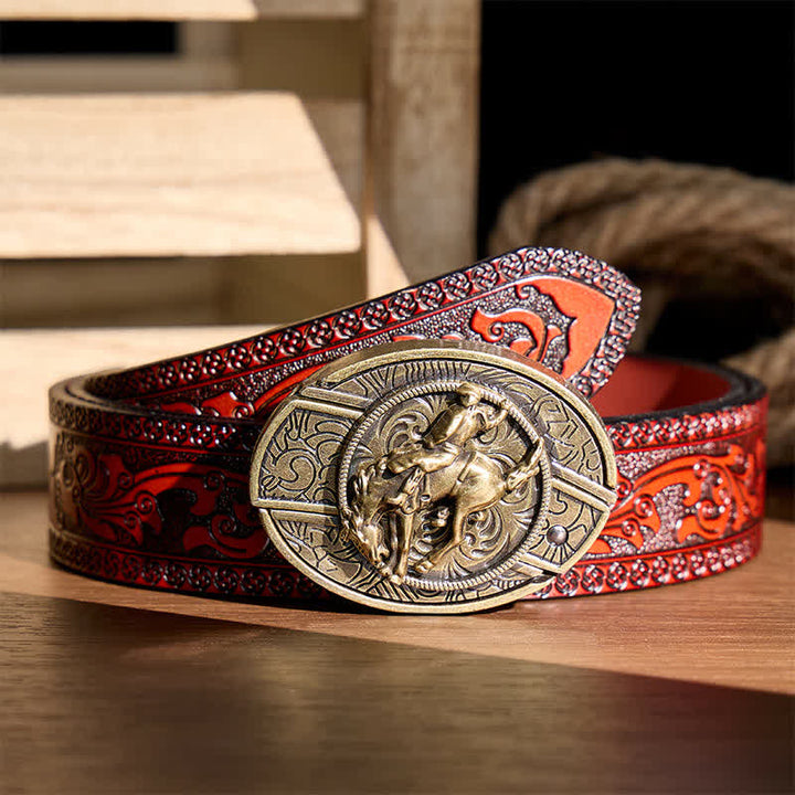 Western Rodeo Bronco Rider DIY Verstecktes Klappmesser Bronzeschnalle Ledergürtel - Rodeo-Bronco-Reiter - Brauner geschnitzter Gürtel - 42 - image 6