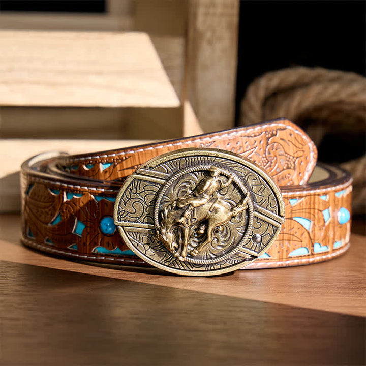 Western Rodeo Bronco Rider DIY Verstecktes Klappmesser Bronzeschnalle Ledergürtel - Rodeo-Bronco-Reiter - Türkisfarbener, geschnitzter Gürtel - 42 - image 3