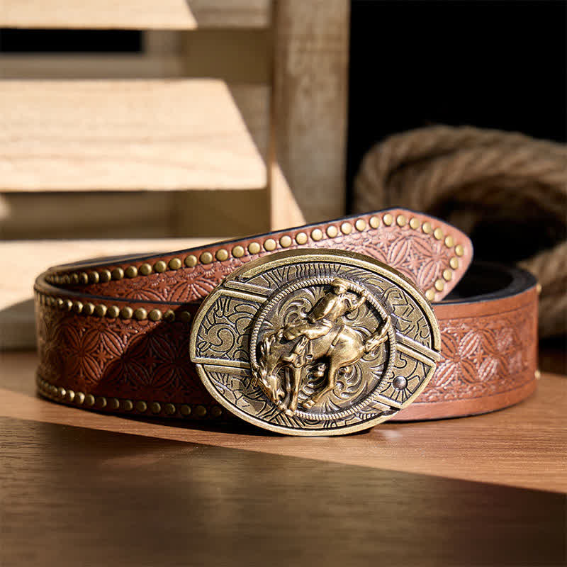 Western Rodeo Bronco Rider DIY Verstecktes Klappmesser Bronzeschnalle Ledergürtel - Rodeo-Bronco-Reiter - Brauner Nietgürtel - 42 - image 4