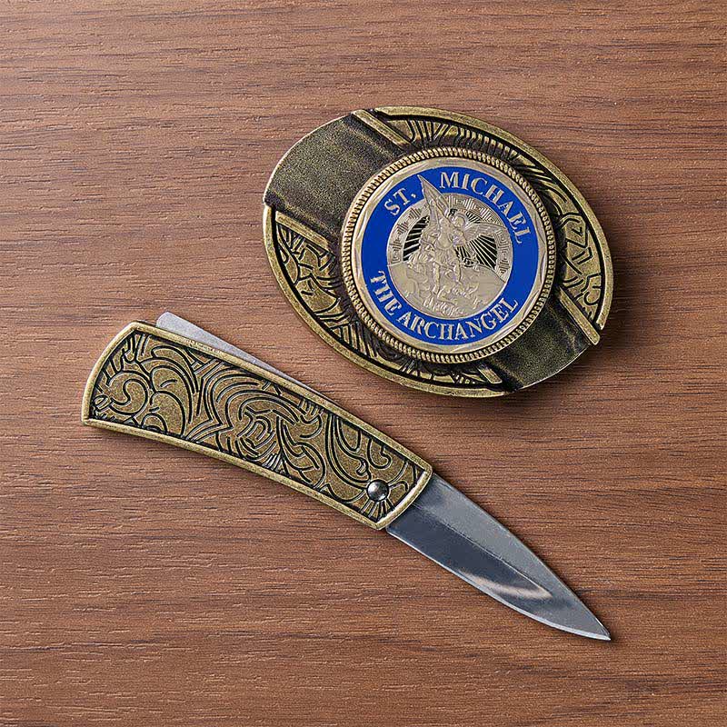 St. Michael Erzengel DIY Verstecktes Klappmesser Bronzeschnalle Ledergürtel - image 1